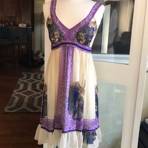 Anthropologie Floating Lotus Silk Cream and Purple Floral Dress